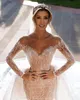 Arabia Mermaid Saudi Dresses with Detachable Train Illusion Long Sleeves Lace Beaded Bridal Gowns Customise Wedding Dress