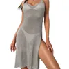 Vestido de playa de malla sexy para mujer Sheer Long Cover Up Túnica de punto Traje de baño femenino Bikini Sarong Traje de baño Sling