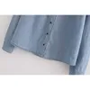 New women fashion cascading ruffles denim shirt office ladies turn down collar long sleeve solid blouses roupas chic tops LS6332 201028