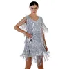 Blingstory High Street Tassel Flapper Vestidos Fase Performance Trajes Feminino Lantejoula Vestidos de Flecos Mujer Y0118