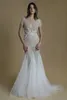 Liz Martinez V Neck Mermaid Dresses Capped Short Sleeve 3D Floral Appliques Bridal Gowns Sweep Train Vintage Illusion Wedding Dress