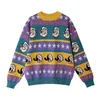 Winterontwerp vrouwen losse pullover trui dikke warme katoenen gebreide kleding paarse strepen stikselcartoon patroon meisjes tops 201221