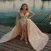 Dubai Mermaid Wedding Dress With Detachable Glitter Sequins Long Sleeve Robe De Marie Sweep Train Church Champagne Bridal Gown