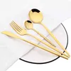 24 st GOLD DRYWARE SET ROUNTRESS STÅL BESTRIPE MIRROR SILVERWARE KNIFOR FORK SKOTT Bordsartiklar