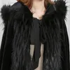 Nerazzurri black hooded cloak vintage women loose oversized long faux fur cape coat with faux fox fur trim thick warm cloak 2010297300131