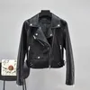 FTLZZ Autumn Women Streetwear Rivet Green Pu Faux Leather Jacket Casual vrouwelijke Slim Turn Down Collar Biker Black Short Coat 201030