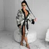 2021 Pajamas women fashion dollar printed pattern silk cardigan sex appeal adult home service long bathrobe Nightgown