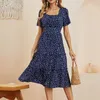 Летняя любовь Pattern Dot Print Dres Повседневная короткая рукава квадратный воротник Оршлы Среднее длинное шифоновое платье 220311