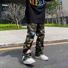 High Street Camouflage Jeans Mens Embroidered Patch Streetwear Fashion Brand American Hip Hop Straight Casual Cargo Pants H1223