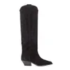 Bottes hautes brodées en daim noir pour femmes, bout pointu, talon pointu, bottes longues en cuir faites à la main, automne hiver