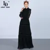 LD Linda Della Fashion Runway Maxi Dresse's Long Sleeve Lace Patchwork Ruffles Vintage Black Elegant Party 220310