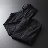 Minglu Mens Set JacketSpants Luxury Tjock Garn färgad Plaid Stand Collar Man Coats Plus Size 4XL Elastic Midje Male Pants 201118