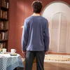 MELIFLE Autumn Solid Male Pajamas Set 100% Cotton PJS Satin Lounge Sleepwear for Men Winter Warm O-Neck Long Sleeve Nightwear LJ201112