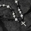 European New Fashion and American Hip Hop Necklace Black and White Reflective Pearl Cross Necklace Stainless Steel Abs Pearl Men's Clavicle Chain