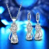 Ensemble de bijoux en argent cristal zircon cubique, pendentif chat, boucles d'oreilles pour femmes, bijoux mignons, cadeau de mariage