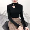 여성 스웨터 2021 패션 Bowknot 컷 아웃 니트 스웨터 가을 한국식 반 칼라 슬림 피트 긴 소매 풀오버 바닥 셔츠