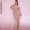 Lovelemonade Sexy Rose Gold V-Neck Pojedynczy Sleeve Cekiny Split Party Maxi Dress LM81848 220225