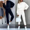 Tracksuit das Mulheres 2 Piece Set Pullover Lanterna Sólida Sleeve Top Drawstring Bolsos Projeto Calças De Design Moletom And Sweatpants