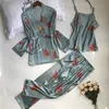 9色の女性のパジャマのズボンズボン3本のサテンシルクプリント花柄ピンクの夜のホームウェアパジャマ睡眠婦人服Y200708