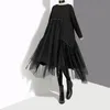 Новый плюс размер корейский стиль женщины осень зима черное свободное платье с длинным рукавом сетки наложение леди повседневная MIDI платье халат 4564 201029