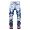 High quality Mens jeans coconut palm printed colored ripped jeans Slim fit holes distressed stretch denim pants Trousers jeans