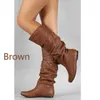 Botas de cuña de fiesta para mujer, zapatos de talla grande 35-43 para mujer, zapatos planos largos de piel sintética para primavera y otoño, botas para motocicleta de cuero suave