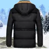 Mäns Down Parkas 2021 Brand Clothing Casual Long Style Loose Fit Hooded Jacker för äldre Fleece Winter Jacket Män vadderade