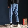 Spring Summer Fashion harem black denim pants mens Korean straight jeans mens loose wide leg casual cropped pants homme 201111