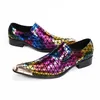 Korea Style Luxury Metallic Pekade Toe High Heels Mens Skor Man Snake Skin Läder Mens Studded Loafers Blandad Färgstorlek13