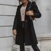 Autumn Turn-down Collar Mid-Long Pocket Coat Elegant Office Lady Button Solid Jacket Winter Long Sleeve Slim Cardigan Outwear3XL