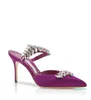 Fashion-Luxury Populära Sandaler Skor Satin Mules Kvinnor Pumpar Leaf Crystal-Utsmyckning Tofflor Sexig Pekad Toe Lady High Heels