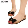 Eileken kvinnor sandaler sommarstil bling bowtie gelé skor kvinna casual peep tå sandal kristall platt skor storlek 35-40 y200405