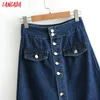 Tangada autumn women vintage denim skirt blue buttons pocket retro high waist straight mid calf skirts faldas mujer BC12 LJ200820