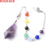 WOJIAER 7 Chakras Natural Labradoirte Pendant Stone Healing Point Hexagon Gems Pendulum Bead Dowsing Pendants Chain BO949