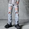 Jeans pour hommes cheville fermeture éclair trou graffiti lavé pour hommes frange gland haute rue rétro épissé denim pantalon hip hop lâche ca1854