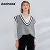 Aachoae خمر houndstooth سترة سترة النساء شيك الخامس الرقبة منقوشة أكمام البلوز قمم عارضة فضفاض محبوك صدرية 201109