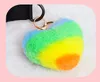 Fast Shipping Fashion Splicing Heart Ball Pom Pom Keychain Fluffy Faux Rabbit Fur Pompom KeyChain Women Bag Charms Trinket Christmas Keyring