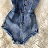 European Summer New Denim Button Sexig Baklösa Övergripande Remsor Kort Hem Tassel Jumpsuits Kvinnor Playsuits Fashion Streetwear 2020 T200704