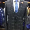 최신 코트 바지 디자인 클래식 격자 무늬 정장 남자 로얄 블루 웨딩 슈트 남성용 공식 턱시도 파티 비즈니스 남자 정장 3 PCS 201106