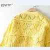 Zevity Women Fashion v Neck Pearl Button Cardigan knitting Sweater Lady Long Sleeve Hollow Hollow Out Sweater Tops S396 201225