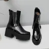 Neue Sexy Plattform Schuhe Frauen Leder Herbst Stiefel Block Ferse Gothic Schwarz Punk Stil zipper Weibliche Schuhe Hohe Qualität AC0731