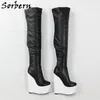 Sorbern Black Mid Thigh High Boots Women 20cm Heels White Wedges Long Boot Unisex Customized Leg Width