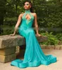 Turquoise Keyhole Neck Mermaid Prom Dresses for Black Girls Applique Beaded Evening Dress Party Gowns Vestidos De Graduación