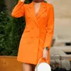 Femmes Chic Noir Orange Blazer Robe Poches Double Boutonnage Blazers Veste Femme 2020 Printemps Bureau Dame Robes Feminino LJ201021