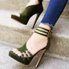 Army Green Platform Sandals Women High Vamp Buckle Cut Out Ladies Sandals High Heel Open Toe Zipper Stiletto Female Shoes&39size 0928