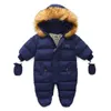 Children Winter Jumpsuit Fur Hood Baby Girl Boy Snowsuit Russian Winter Infant Outerwear Ovealls Baby Thick Rompers with Gloves LJ201023