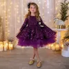 Abito da spettacolo per ragazza con paillettes 2022 Maniche lunghe a 3/4 Fiore principessa Bling Neonate Abiti Lunghezza al ginocchio Fiocco Gonfio Compleanno Abiti da festa formale Viola Navy Blu reale Nero