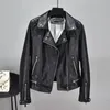 Outono Inverno Novo Curto Verde Preto Faux Casacos De Couro Casaco Básico Rivet Rivet Zipper Moto Motocicler Jaqueta Punk Outerwear 201020