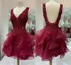 2021 Lace Cocktail Dress Burgundy Tulle Ruffle V-Neck Sexig U Open Back Short Prom Homecoming Dress Girls Graduation Dress 5th Grade Cheap