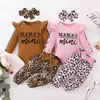 3 sztuk Noworodka Ubrania Baby Girl Ubrania Zestawy Outfit Niemowląt Ruffles Romper Top Bow Leopard Spodnie Nowy Born Maluch Odzież G1221